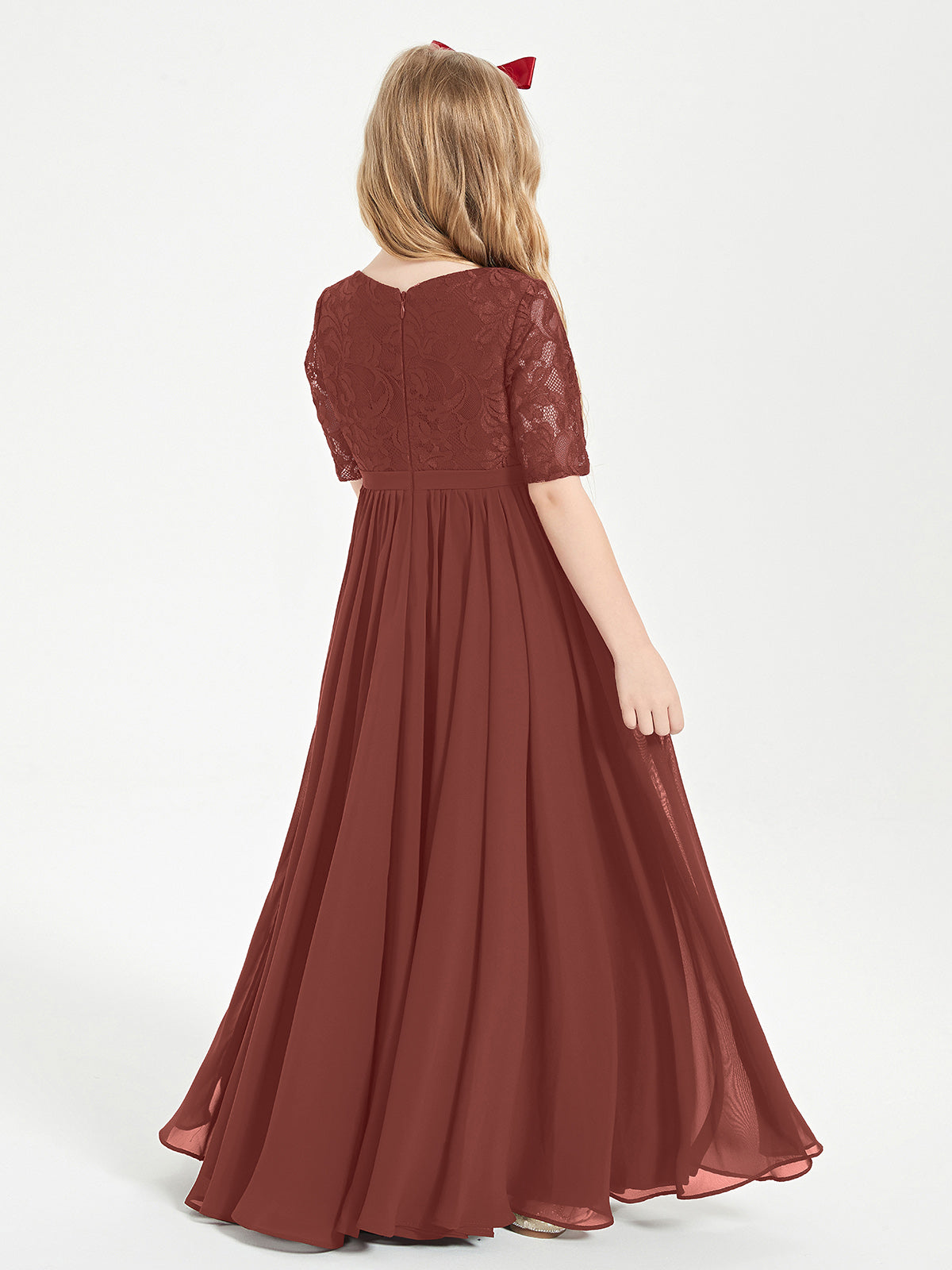 Lace Top Half Sleeved Junior Bridesmaids Dresses Terracotta